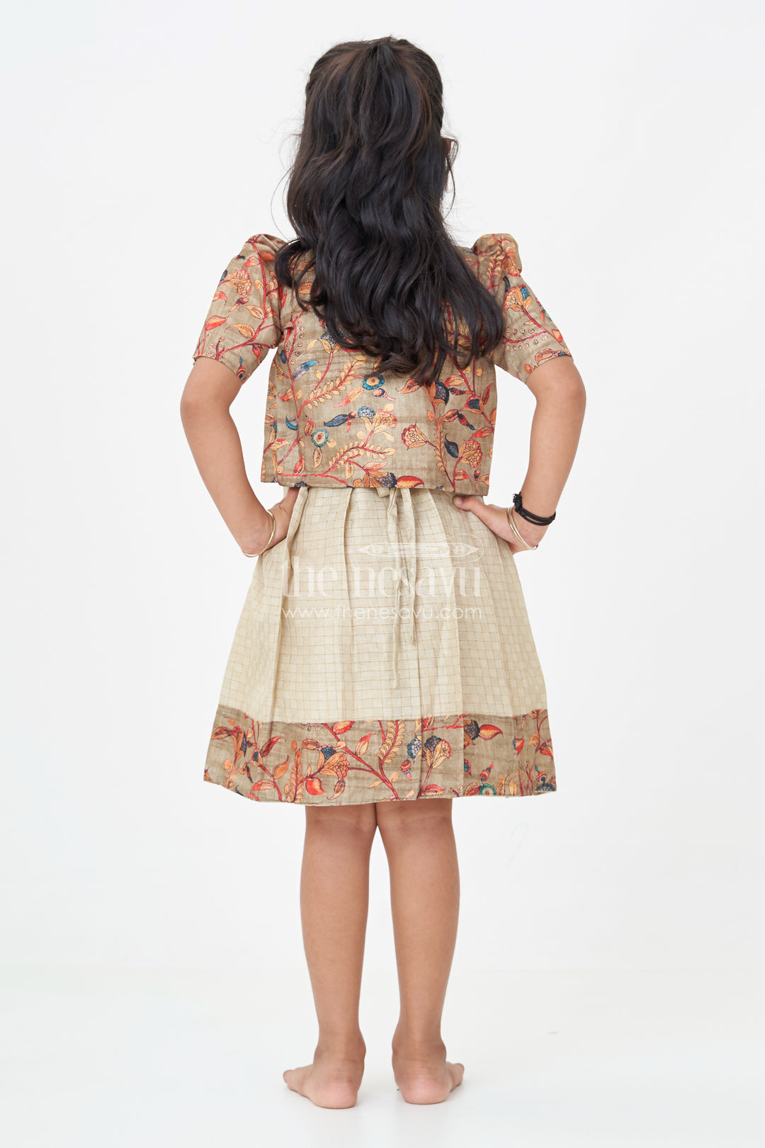 Girls Silk Cotton Frock with Frills and Printed Chanderi Overcoat in Earthy Beige and Multicolor Accents