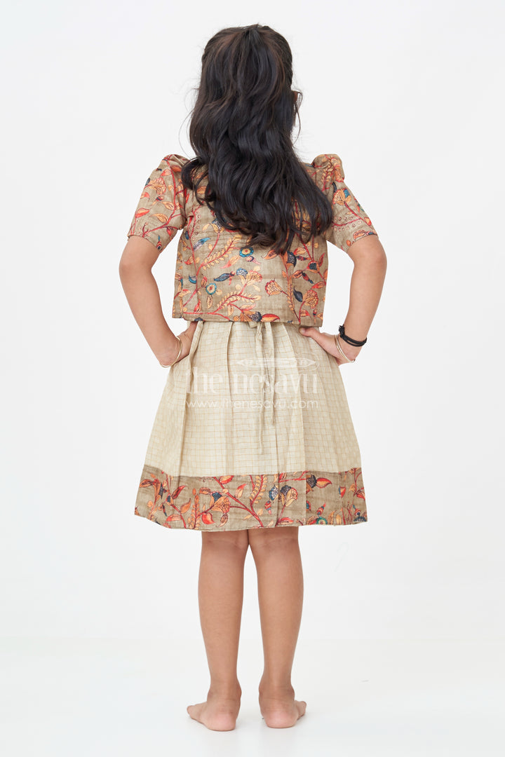 Girls Silk Cotton Frock with Frills and Printed Chanderi Overcoat in Earthy Beige and Multicolor Accents