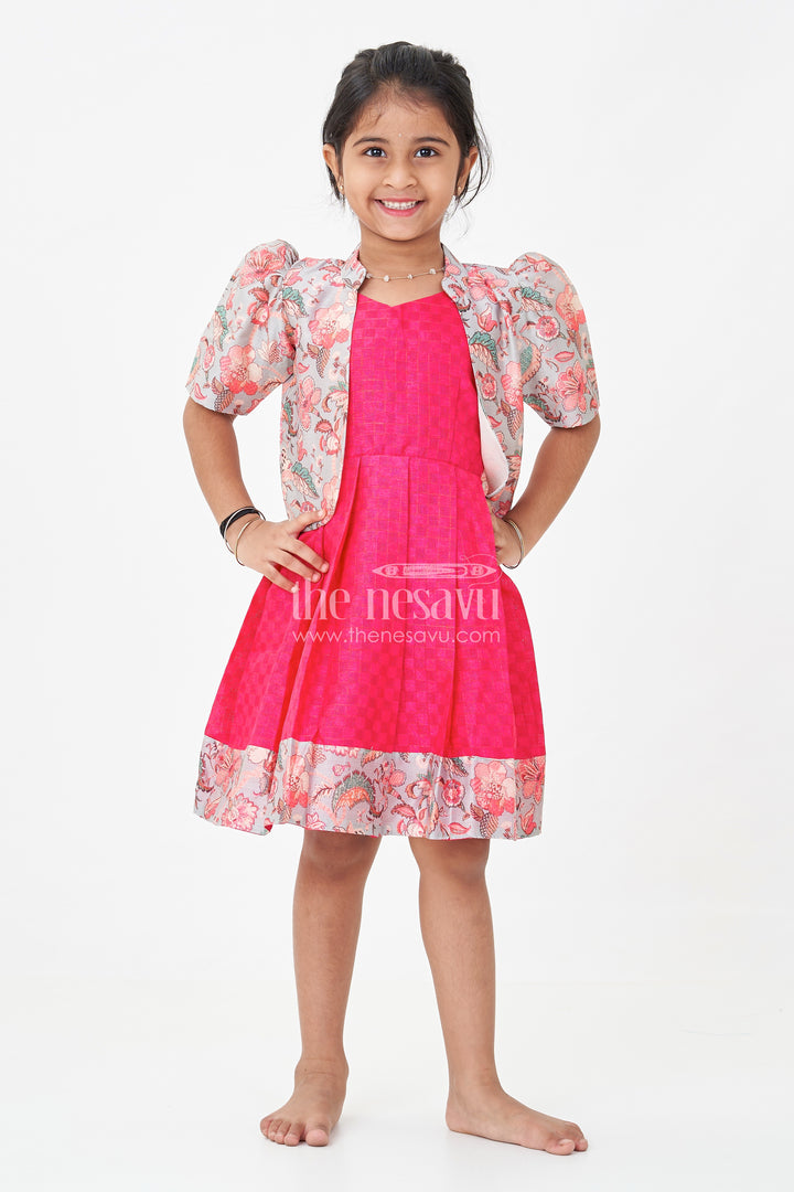 Girls Silk Cotton Red Floral Frock with Printed Chanderi Jacket and Elegant Pleated Skirt
