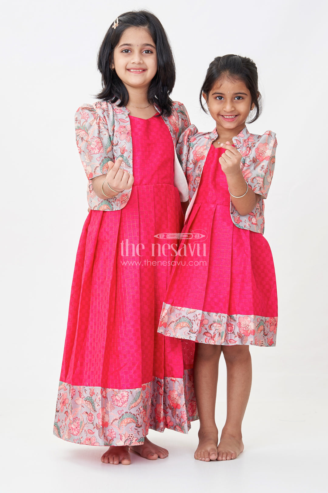 Girls Silk Cotton Red Floral Frock with Printed Chanderi Jacket and Elegant Pleated Skirt