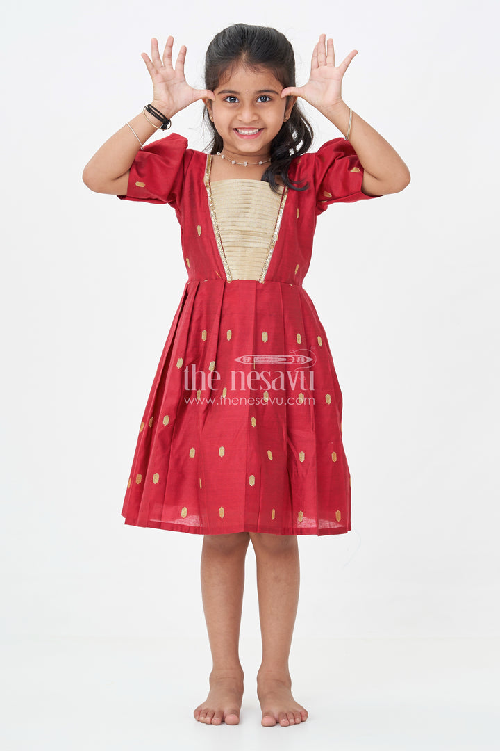 Girls Chanderi Silk Frock Suit Design in Deep Maroon with Tissue Yoke and Golden Motif Detailing