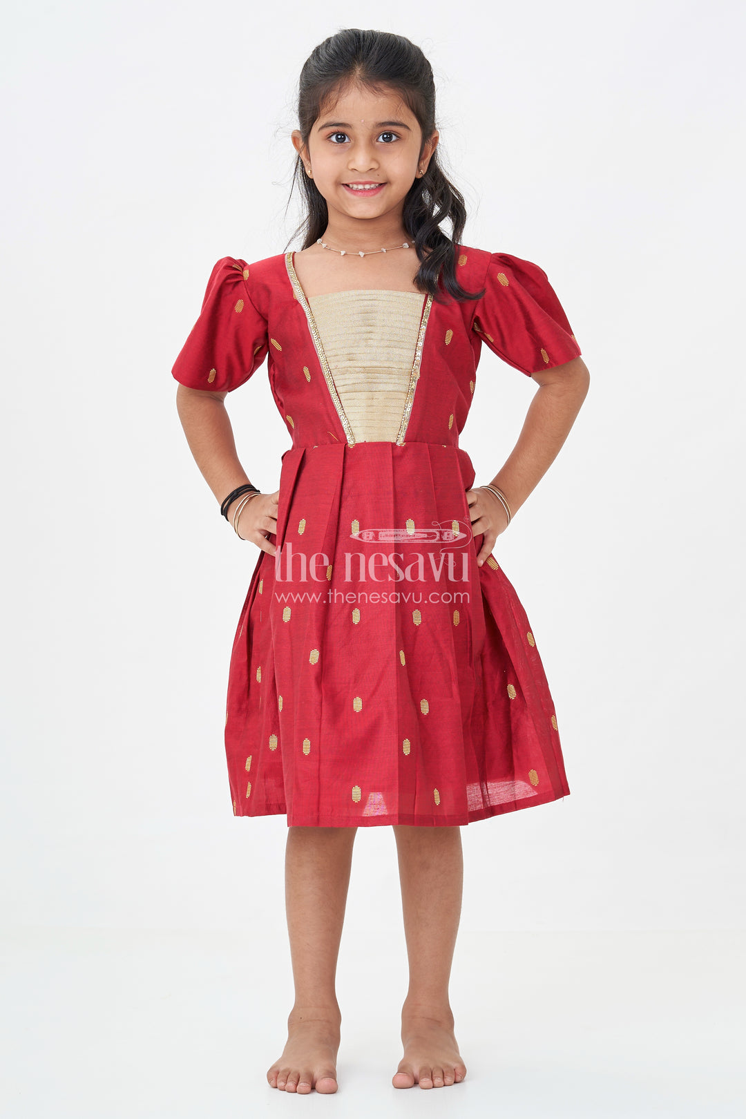 Girls Chanderi Silk Frock Suit Design in Deep Maroon with Tissue Yoke and Golden Motif Detailing
