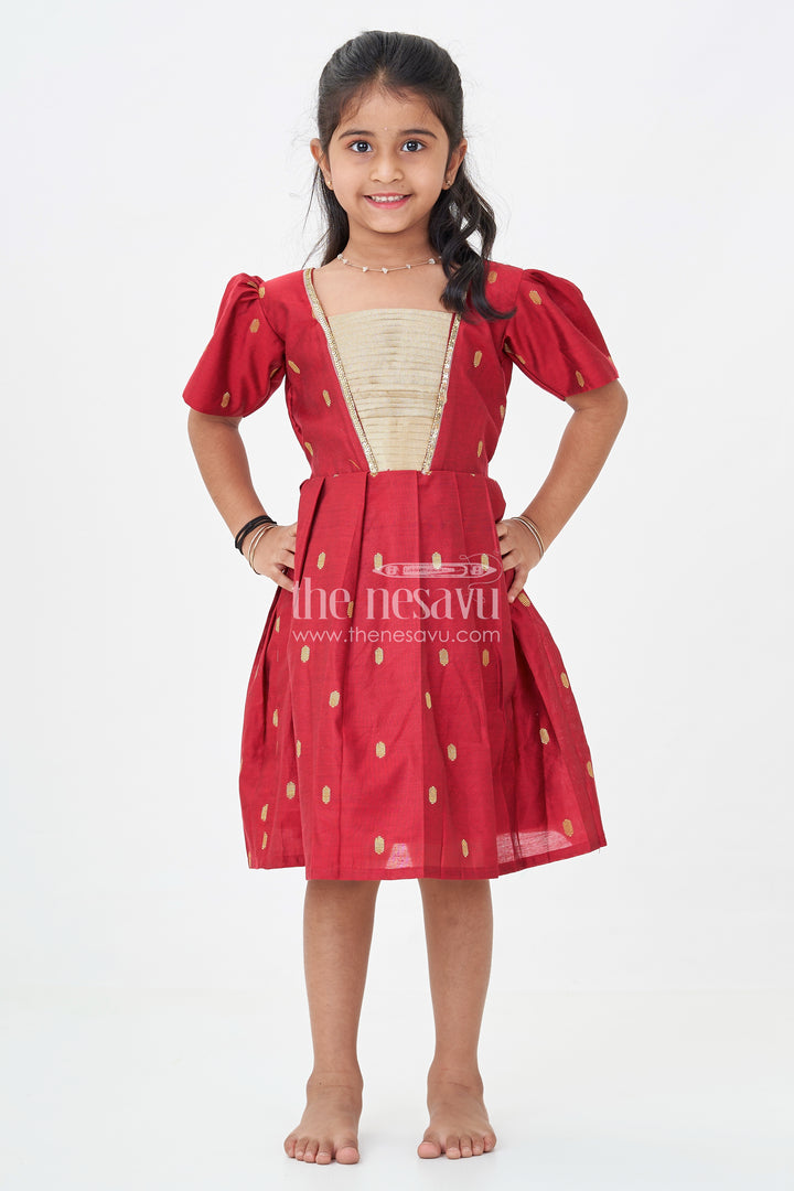 Girls Chanderi Silk Frock Suit Design in Deep Maroon with Tissue Yoke and Golden Motif Detailing