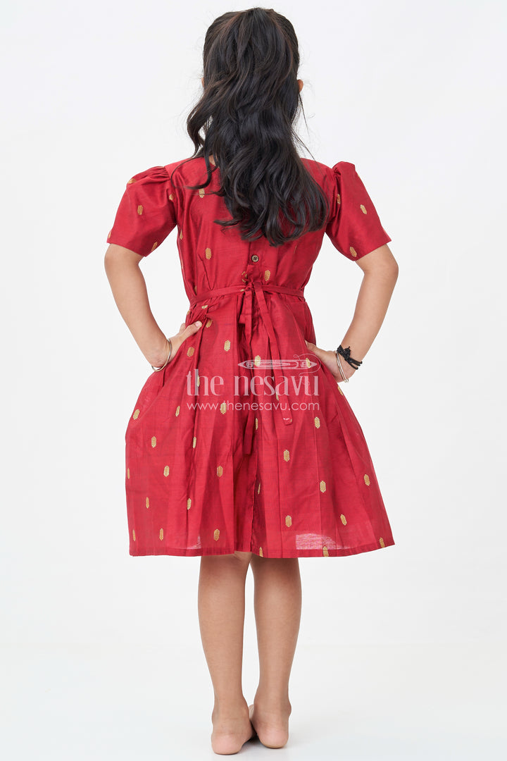 Girls Chanderi Silk Frock Suit Design in Deep Maroon with Tissue Yoke and Golden Motif Detailing