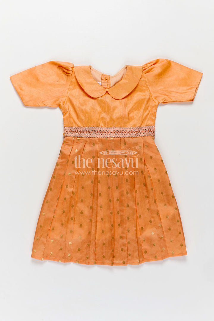 Girls Golden Silk Frock in Raw Silk with Peter Pan Collar and Semi Banarasi Woven Bottom