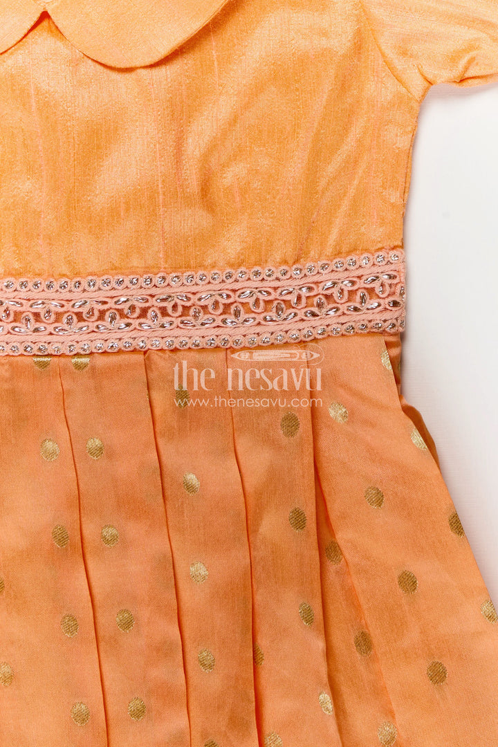 Girls Golden Silk Frock in Raw Silk with Peter Pan Collar and Semi Banarasi Woven Bottom