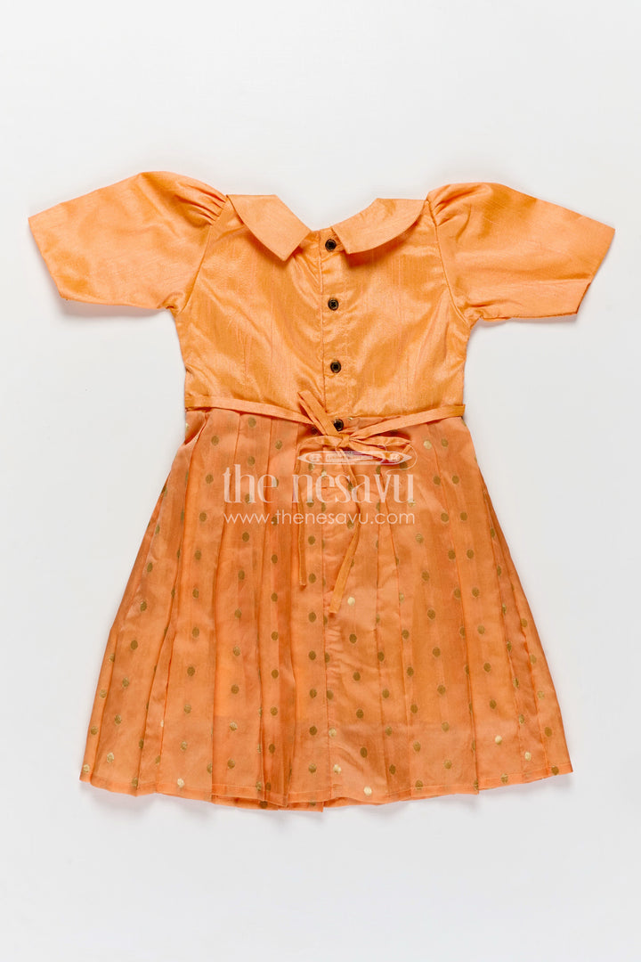Girls Golden Silk Frock in Raw Silk with Peter Pan Collar and Semi Banarasi Woven Bottom