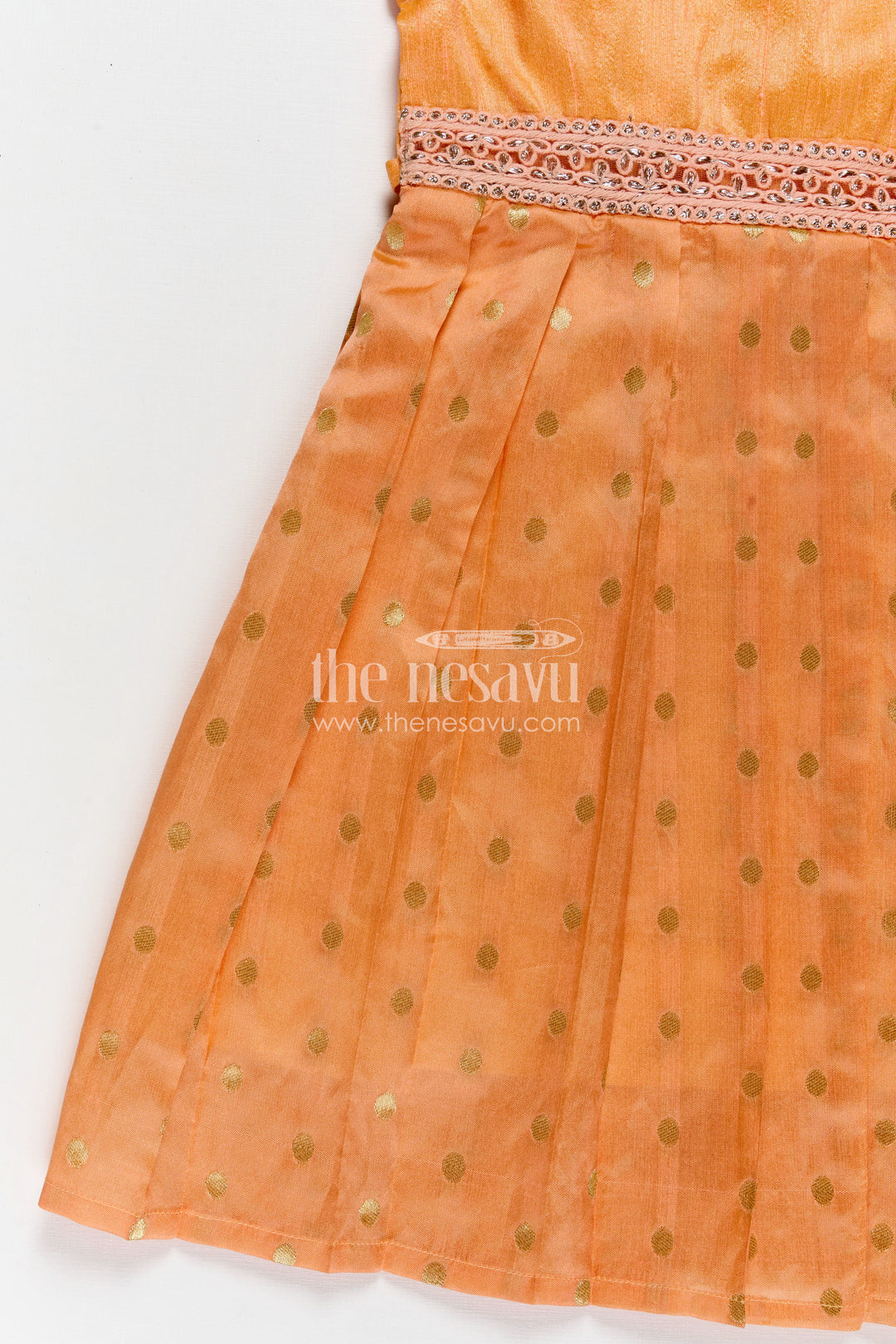 Girls Golden Silk Frock in Raw Silk with Peter Pan Collar and Semi Banarasi Woven Bottom