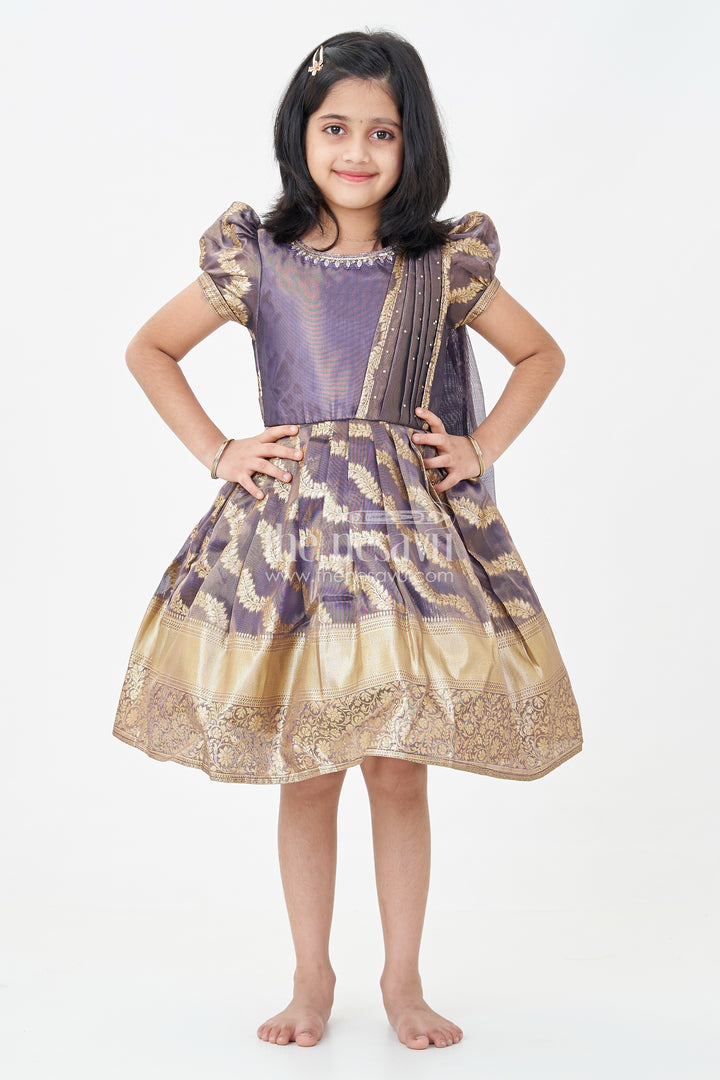 Girls Traditional Long Frocks in Purple Organza Silk Banarasi with Zari Big Border and Puff Sleeves