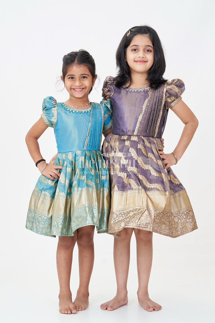 Girls Traditional Long Frocks in Purple Organza Silk Banarasi with Zari Big Border and Puff Sleeves