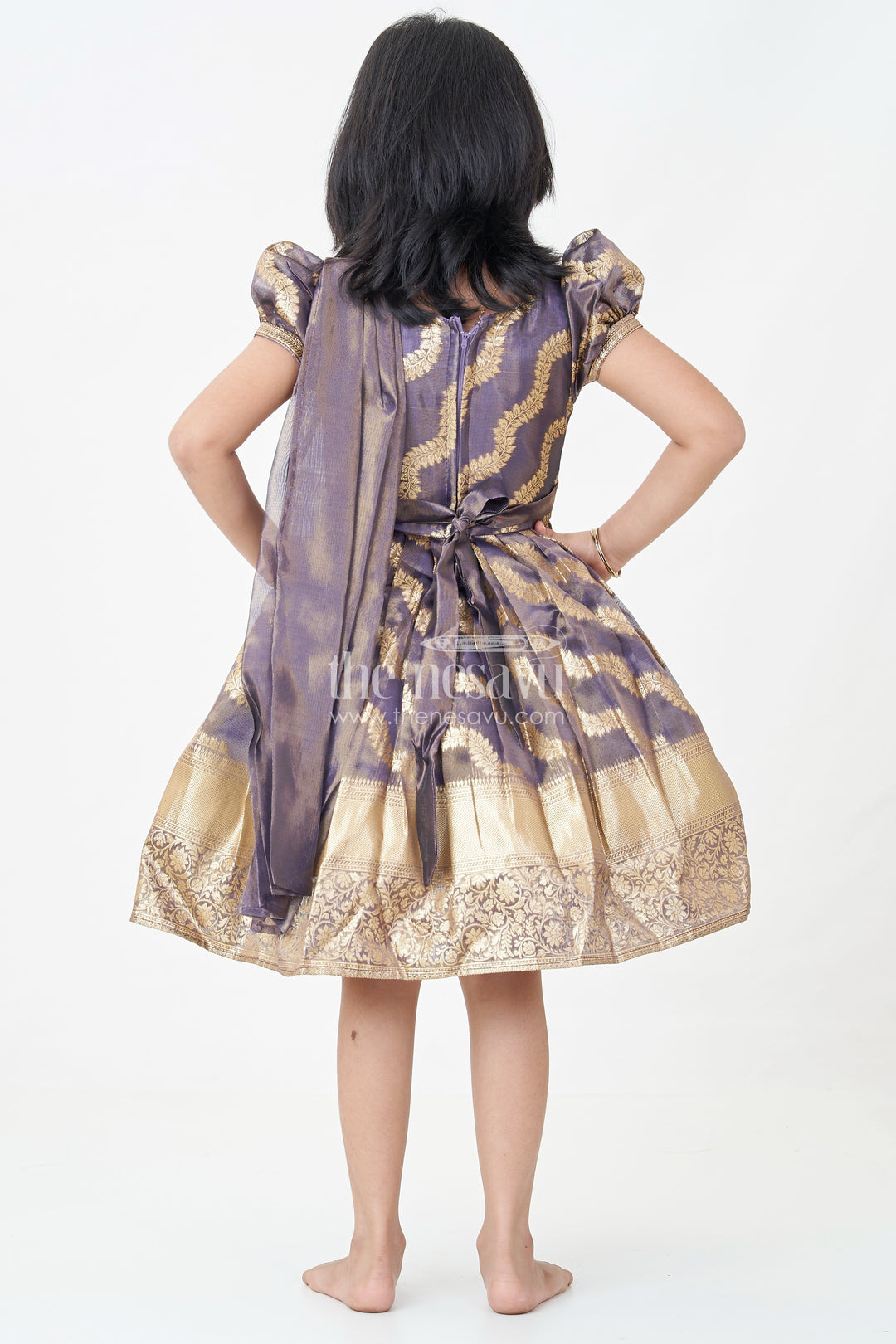 Girls Traditional Long Frocks in Purple Organza Silk Banarasi with Zari Big Border and Puff Sleeves