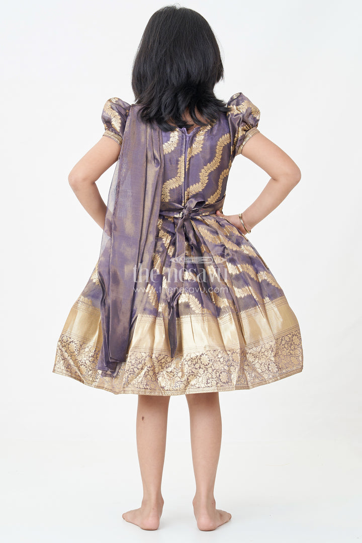 Girls Traditional Long Frocks in Purple Organza Silk Banarasi with Zari Big Border and Puff Sleeves