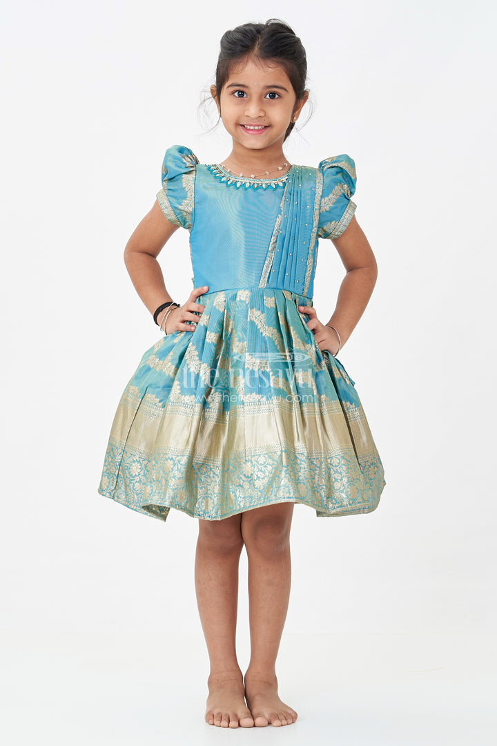 Girls Long Pattu Frocks in Blue Organza Silk Banarasi with Zari Big Border and Puff Sleeves