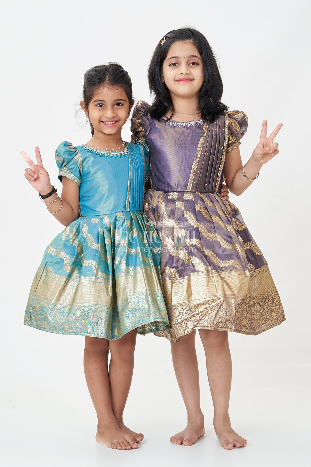 Girls Long Pattu Frocks in Blue Organza Silk Banarasi with Zari Big Border and Puff Sleeves