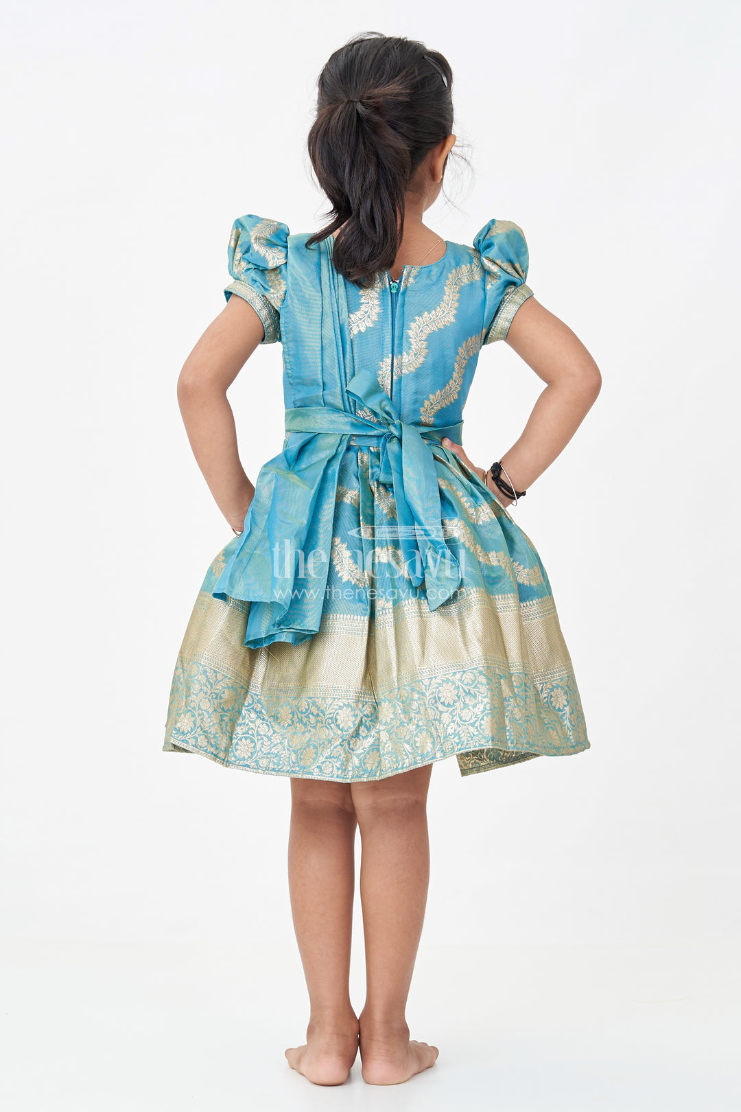 Girls Long Pattu Frocks in Blue Organza Silk Banarasi with Zari Big Border and Puff Sleeves