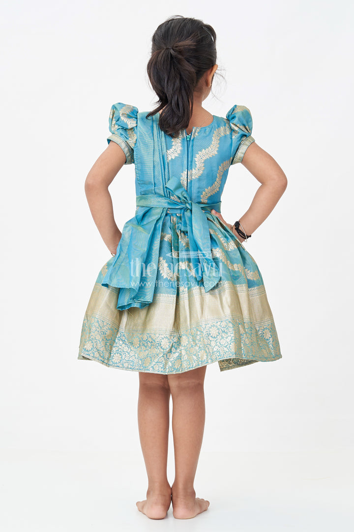 Girls Long Pattu Frocks in Blue Organza Silk Banarasi with Zari Big Border and Puff Sleeves