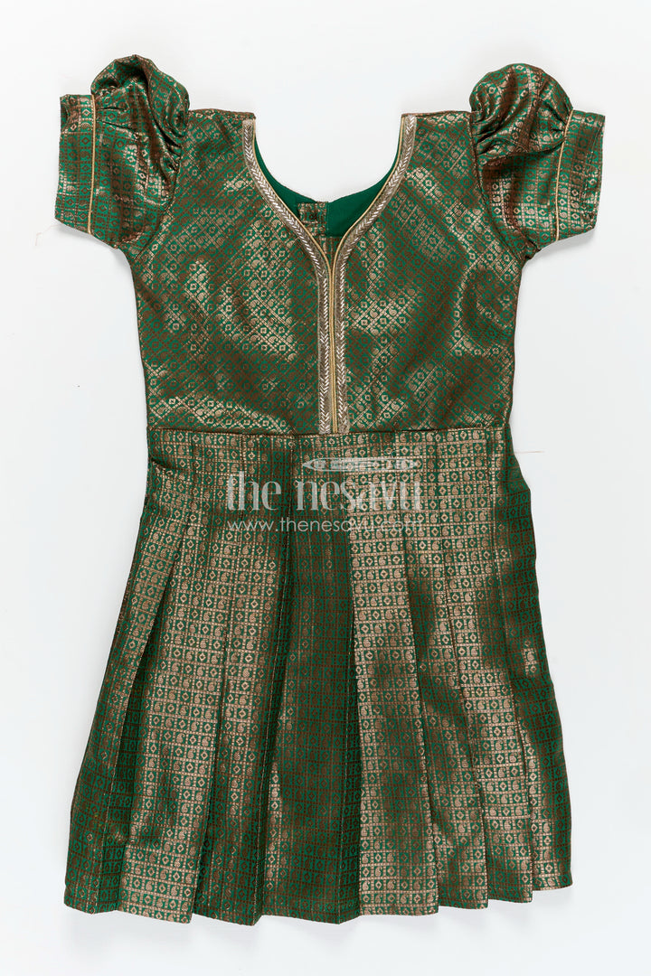 Girls Silk Cloth Frock Design in Semi Banaras Silk with Zari Brocade in Rich Green and Box Pleated Skirt