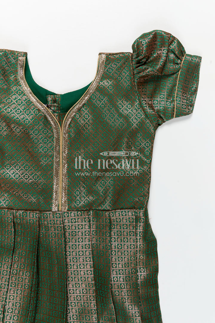 Girls Silk Cloth Frock Design in Semi Banaras Silk with Zari Brocade in Rich Green and Box Pleated Skirt