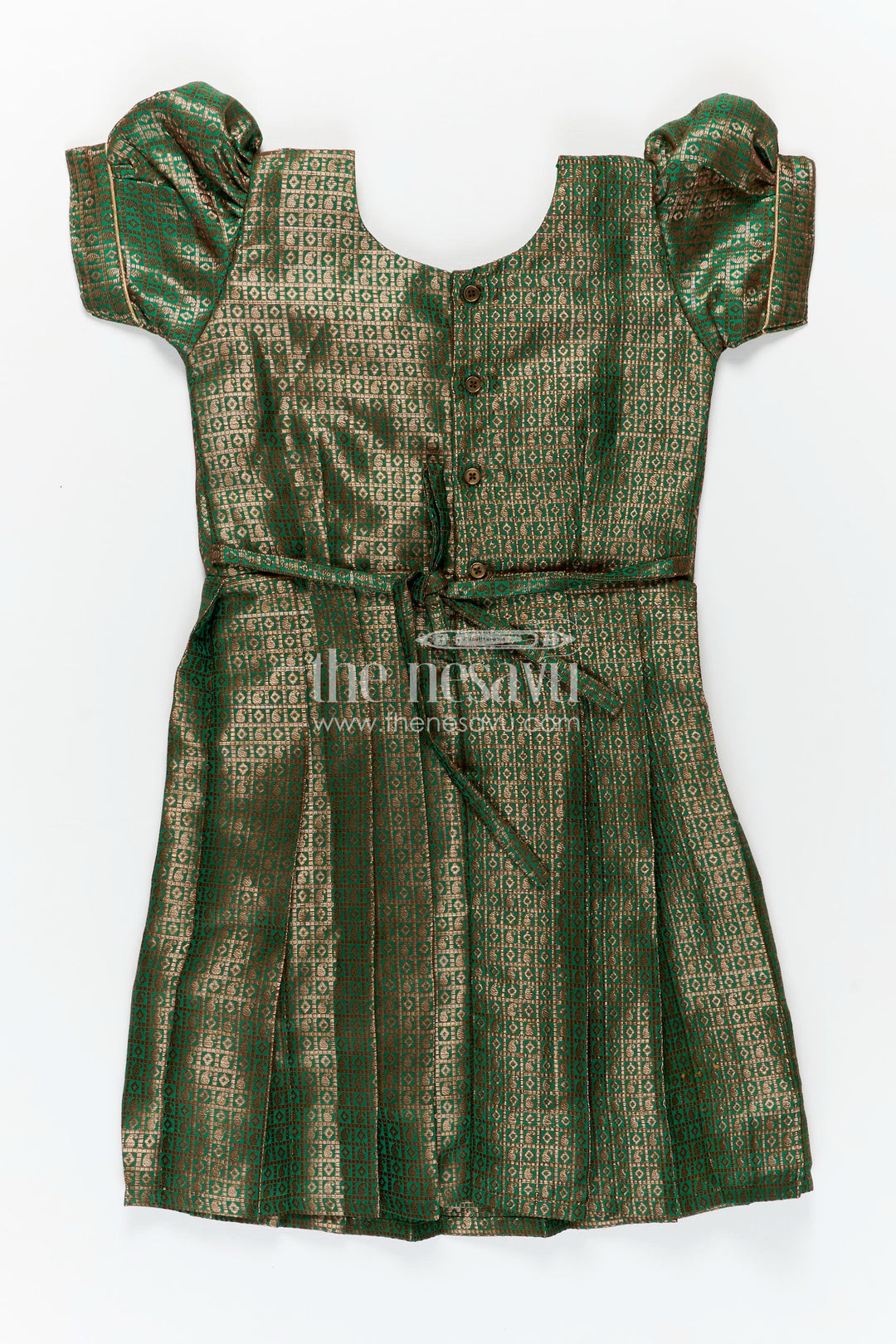 Girls Silk Cloth Frock Design in Semi Banaras Silk with Zari Brocade in Rich Green and Box Pleated Skirt