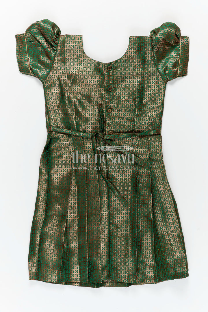 Girls Silk Cloth Frock Design in Semi Banaras Silk with Zari Brocade in Rich Green and Box Pleated Skirt