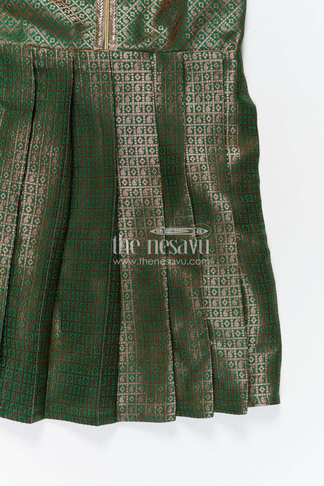 Girls Silk Cloth Frock Design in Semi Banaras Silk with Zari Brocade in Rich Green and Box Pleated Skirt