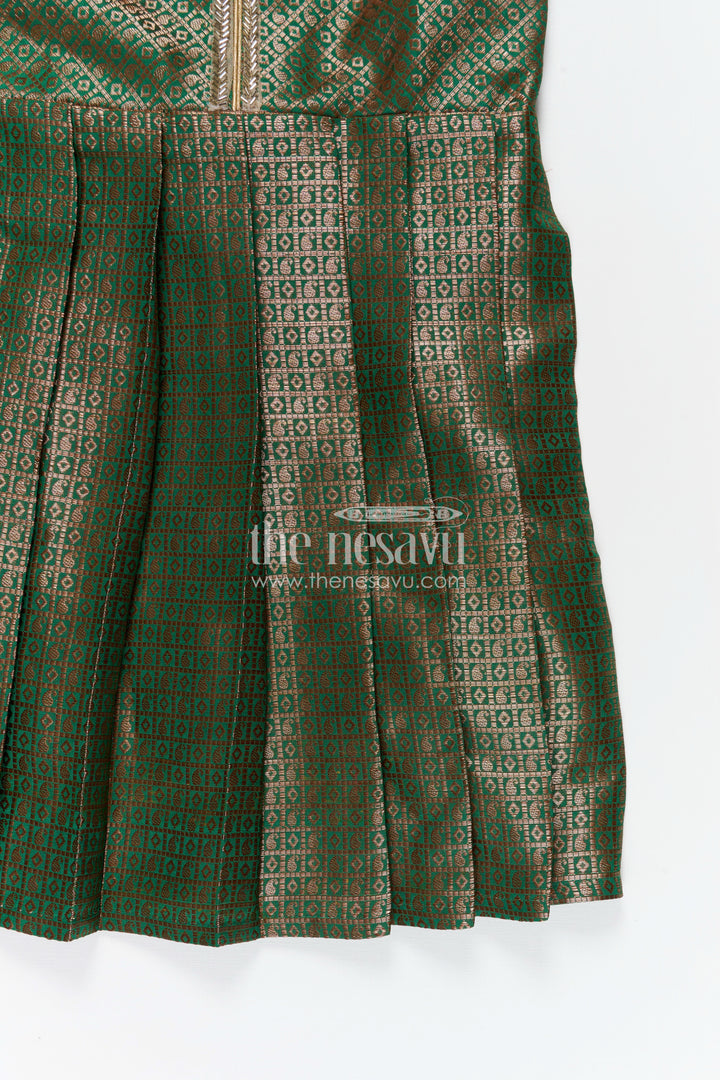 Girls Silk Cloth Frock Design in Semi Banaras Silk with Zari Brocade in Rich Green and Box Pleated Skirt
