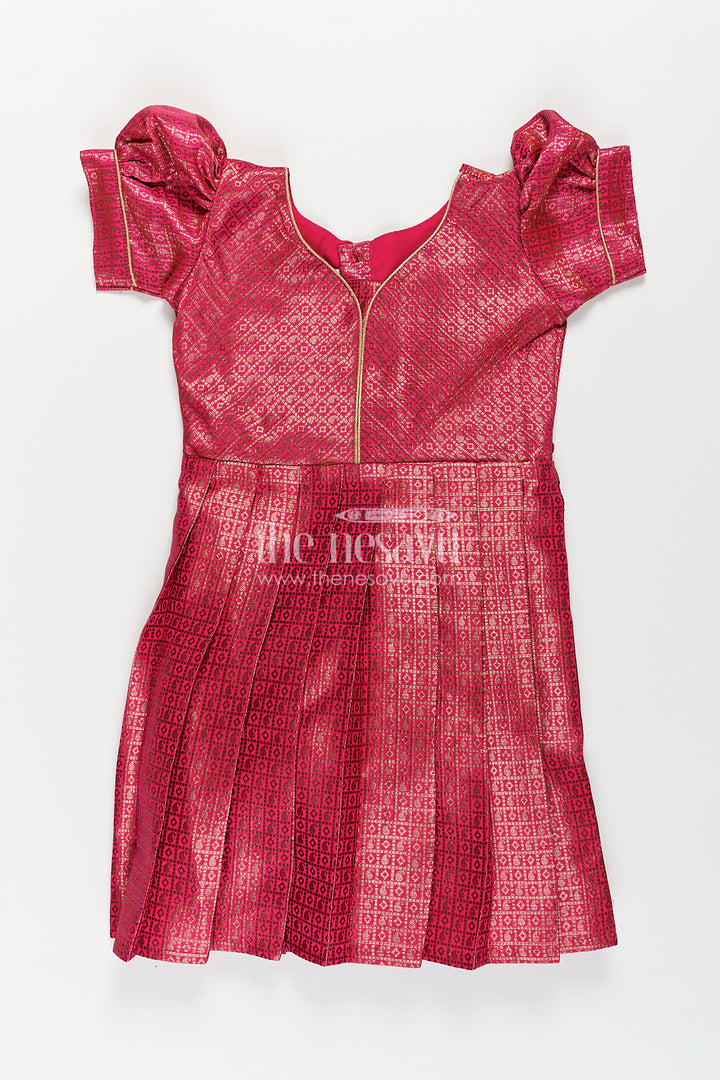 Girls Silk Dress Design Frock in Semi Banaras Silk with Rose Pink Zari Brocade and Pleated Skirt