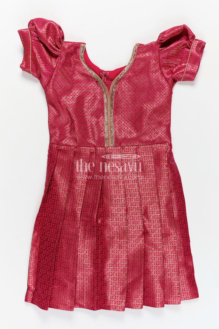 Girls Silk Dress Design Frock in Semi Banaras Silk with Rose Pink Zari Brocade and Pleated Skirt