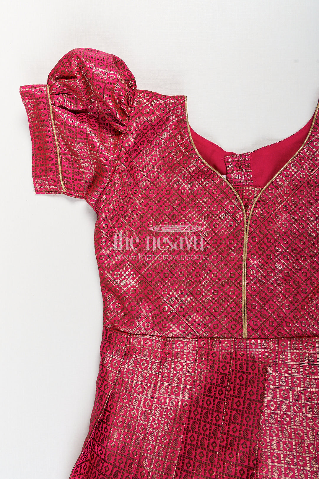 Girls Silk Dress Design Frock in Semi Banaras Silk with Rose Pink Zari Brocade and Pleated Skirt