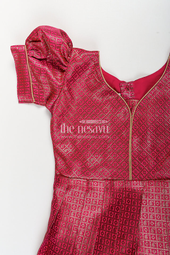 Girls Silk Dress Design Frock in Semi Banaras Silk with Rose Pink Zari Brocade and Pleated Skirt