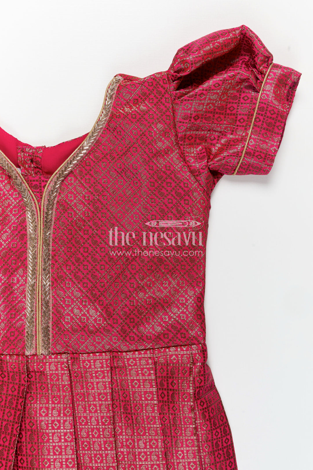 Girls Silk Dress Design Frock in Semi Banaras Silk with Rose Pink Zari Brocade and Pleated Skirt