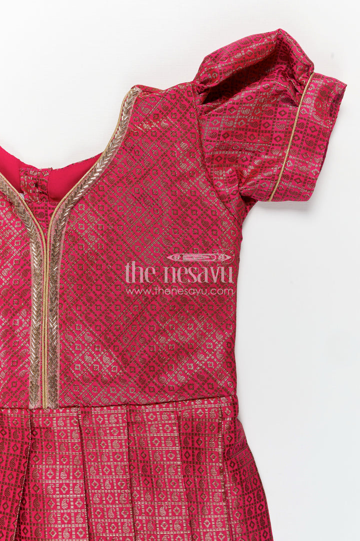 Girls Silk Dress Design Frock in Semi Banaras Silk with Rose Pink Zari Brocade and Pleated Skirt