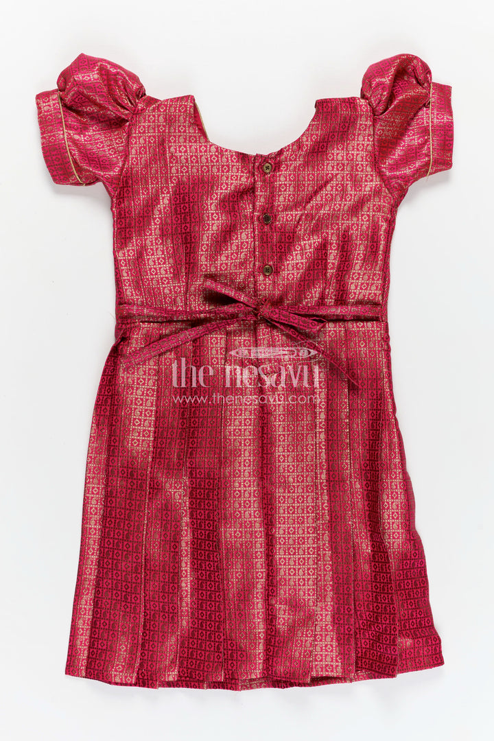 Girls Silk Dress Design Frock in Semi Banaras Silk with Rose Pink Zari Brocade and Pleated Skirt
