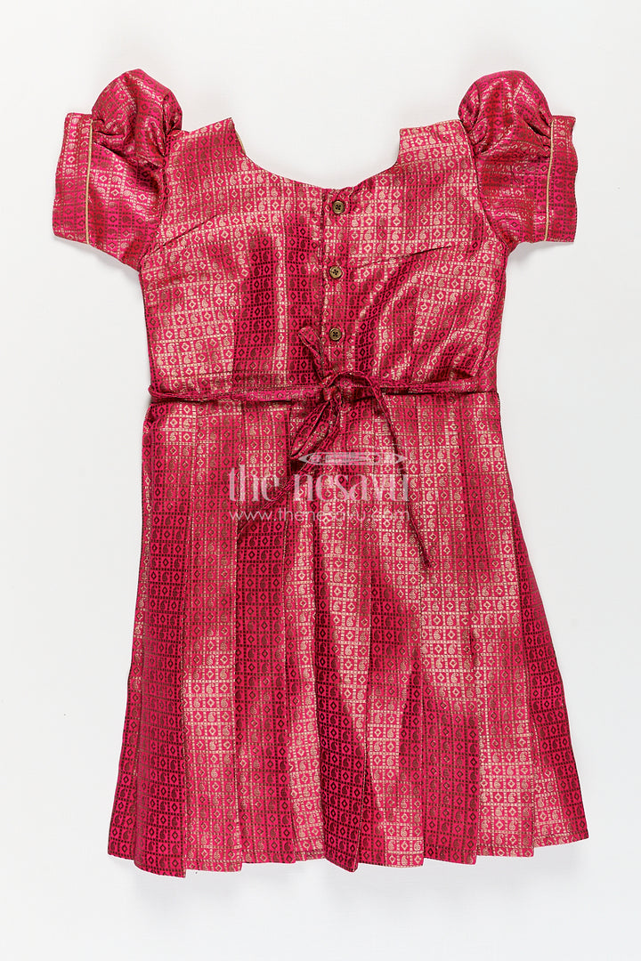 Girls Silk Dress Design Frock in Semi Banaras Silk with Rose Pink Zari Brocade and Pleated Skirt