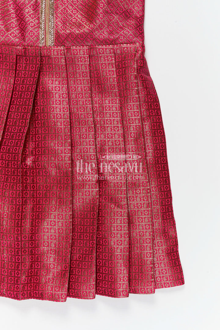 Girls Silk Dress Design Frock in Semi Banaras Silk with Rose Pink Zari Brocade and Pleated Skirt