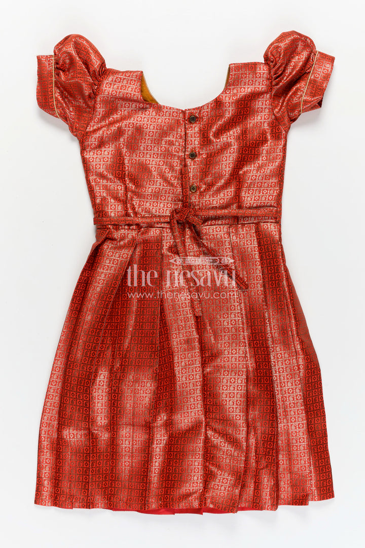 Girls Silk Long Frock Design in Semi Banaras Silk with Rust Orange Zari Brocade and Elegant Pleats