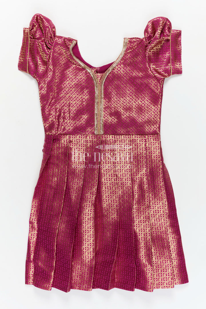 Girls Silk Dress Design Long Frock in Semi Banaras Silk with Maroon Gold Zari Brocade and Box Pleated Hem