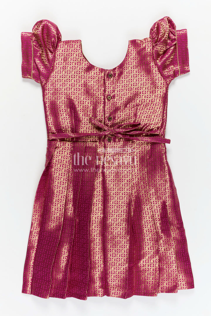 Girls Silk Dress Design Long Frock in Semi Banaras Silk with Maroon Gold Zari Brocade and Box Pleated Hem