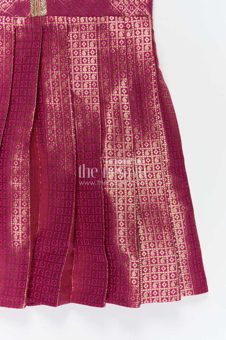 Girls Silk Dress Design Long Frock in Semi Banaras Silk with Maroon Gold Zari Brocade and Box Pleated Hem