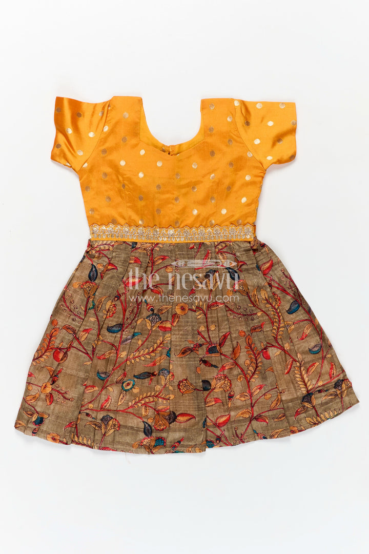 Yellow Silk Dress for Girls with Mirror Embellished Yoke and Floral Chanderi Cotton Bottom