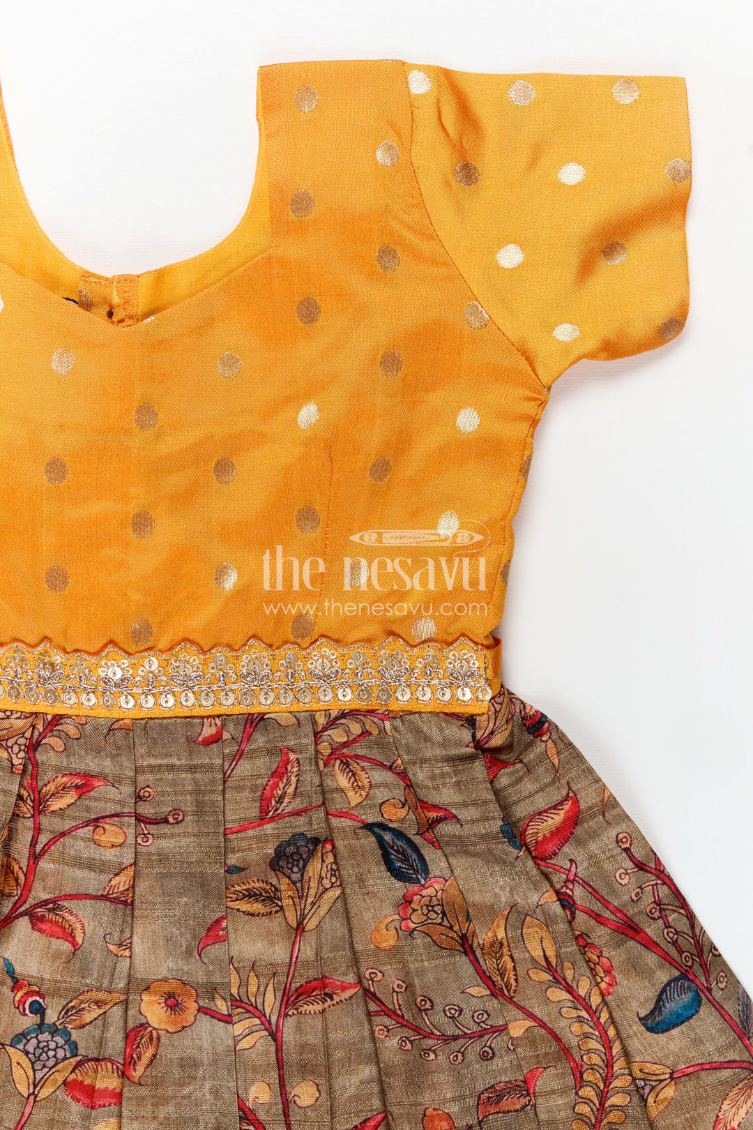 Yellow Silk Dress for Girls with Mirror Embellished Yoke and Floral Chanderi Cotton Bottom