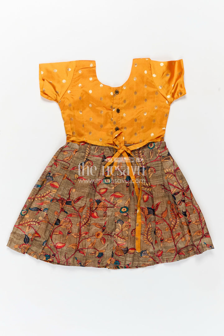 Yellow Silk Dress for Girls with Mirror Embellished Yoke and Floral Chanderi Cotton Bottom