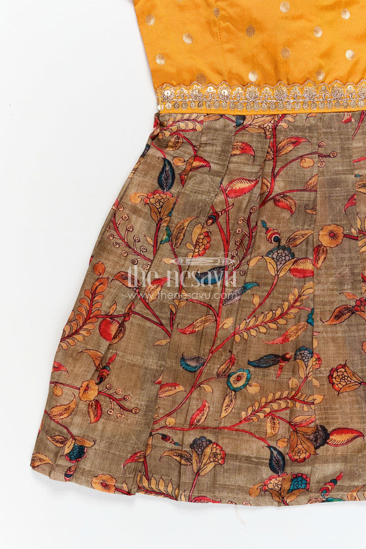 Yellow Silk Dress for Girls with Mirror Embellished Yoke and Floral Chanderi Cotton Bottom