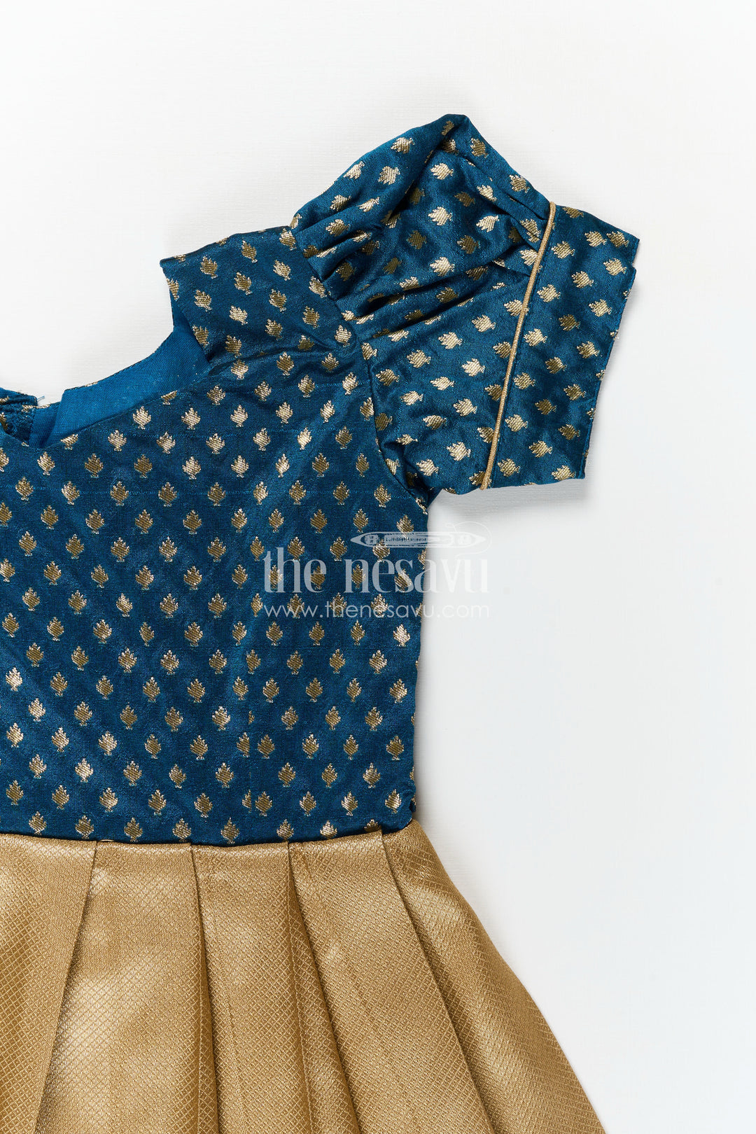 Banarasi Silk Frocks for Girls with Navy Blue Butta Yoke and Golden Pleated Skirt Featuring Elephant Border