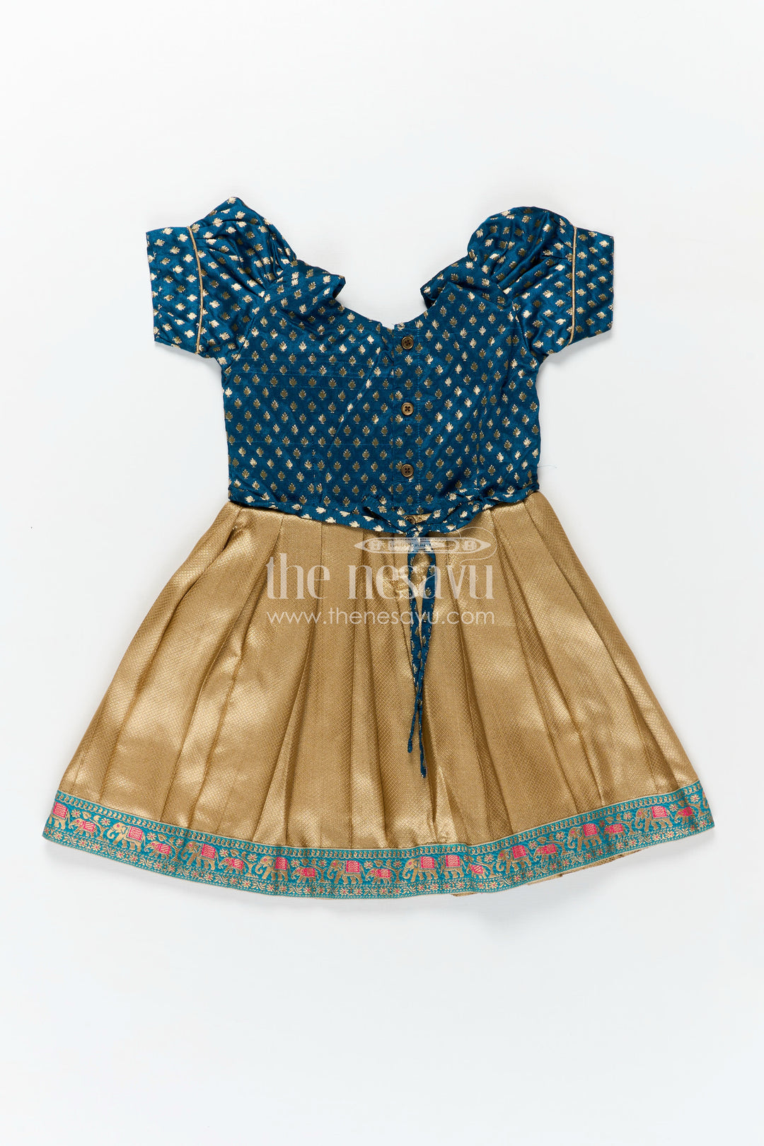 Banarasi Silk Frocks for Girls with Navy Blue Butta Yoke and Golden Pleated Skirt Featuring Elephant Border