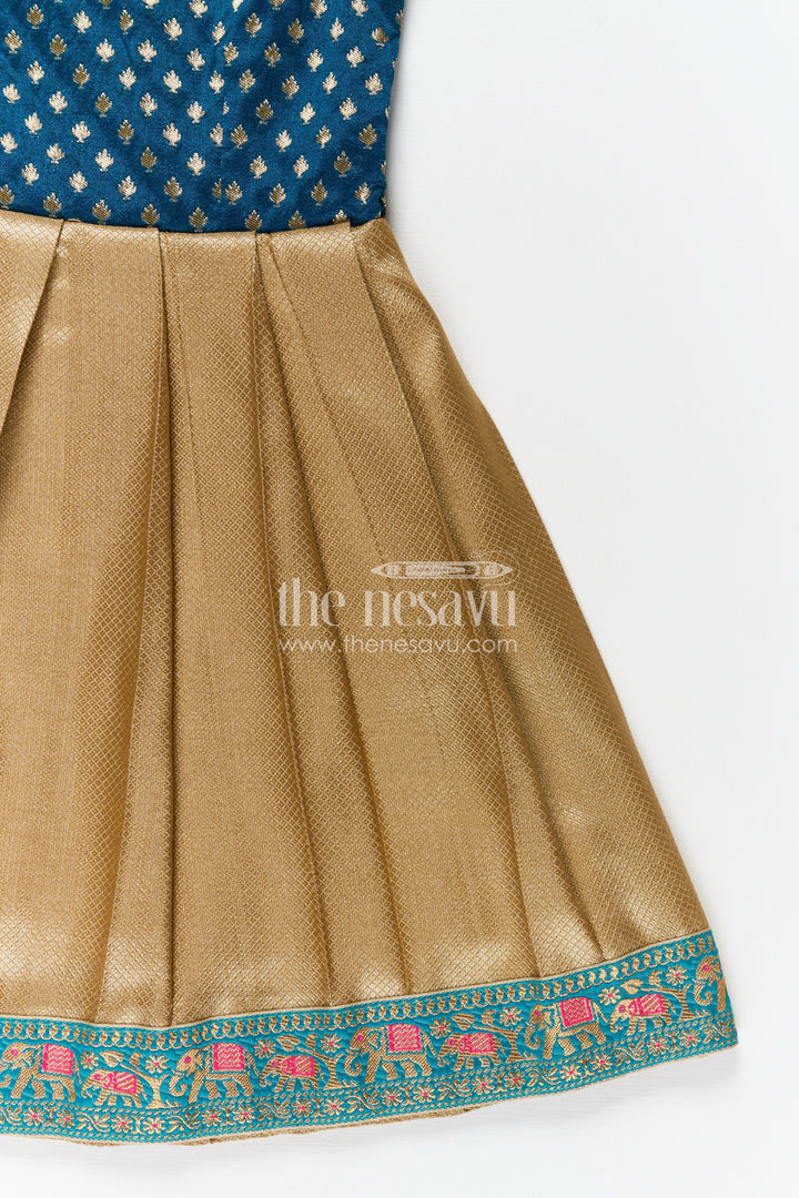 Banarasi Silk Frocks for Girls with Navy Blue Butta Yoke and Golden Pleated Skirt Featuring Elephant Border