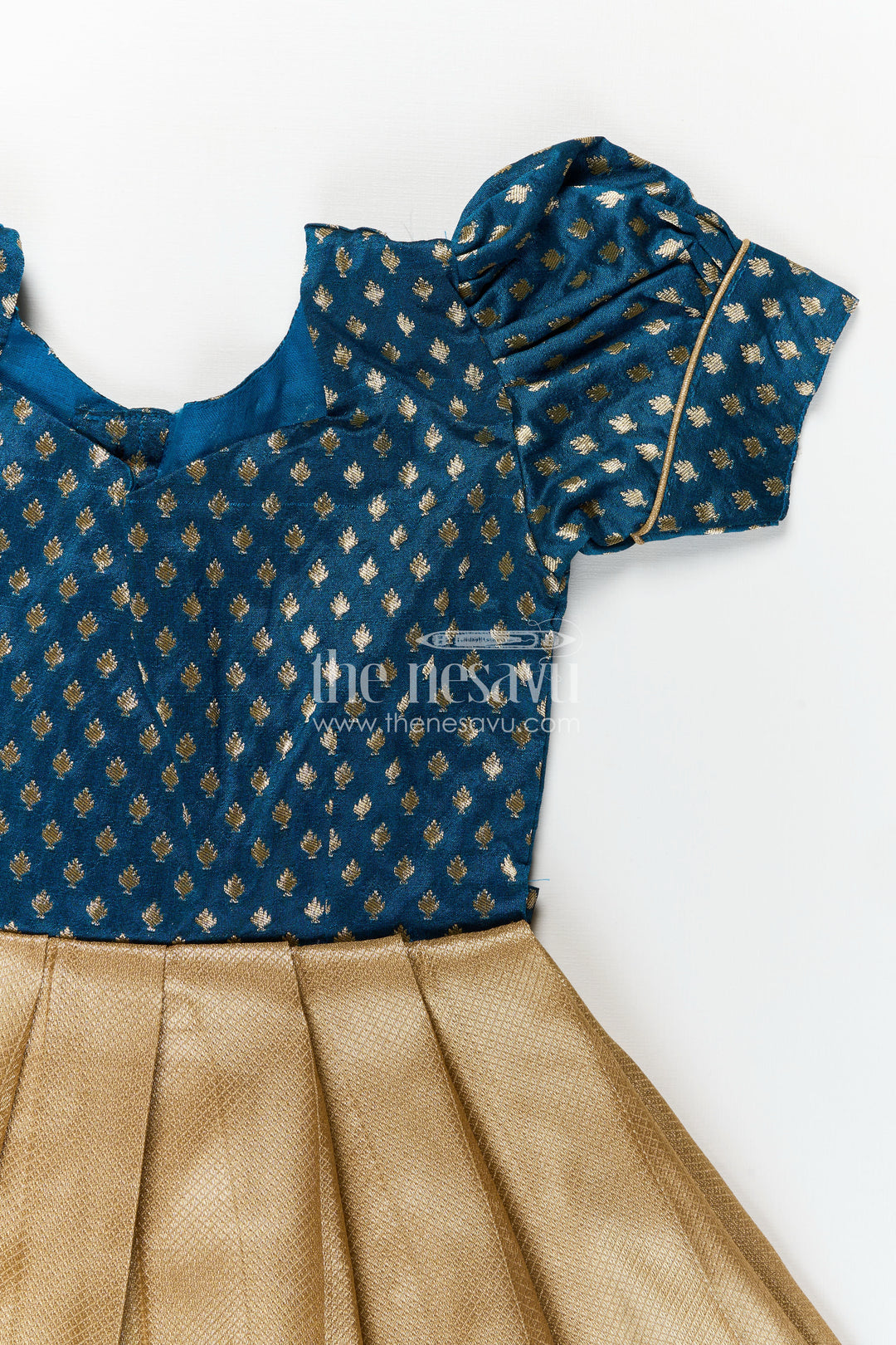 Silk Puff Dress for Girls with Navy Yoke and Gold Pleated Skirt Finished with Pink and Green Zari Border