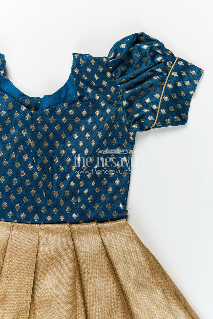 Silk Puff Dress for Girls with Navy Yoke and Gold Pleated Skirt Finished with Pink and Green Zari Border