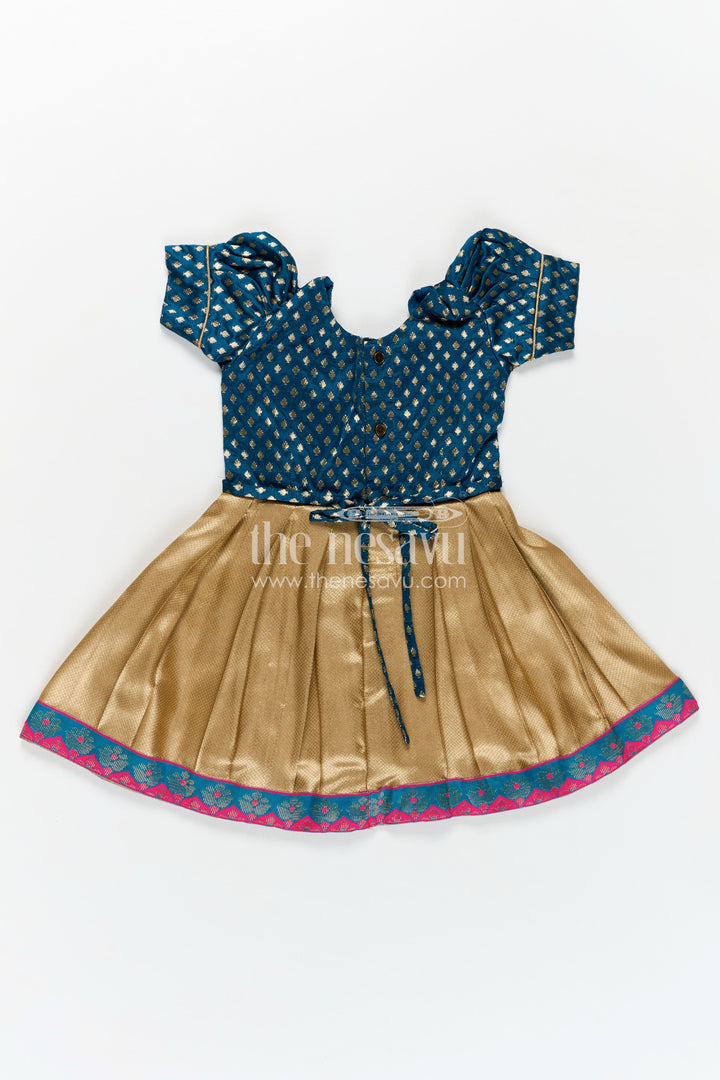 Silk Puff Dress for Girls with Navy Yoke and Gold Pleated Skirt Finished with Pink and Green Zari Border