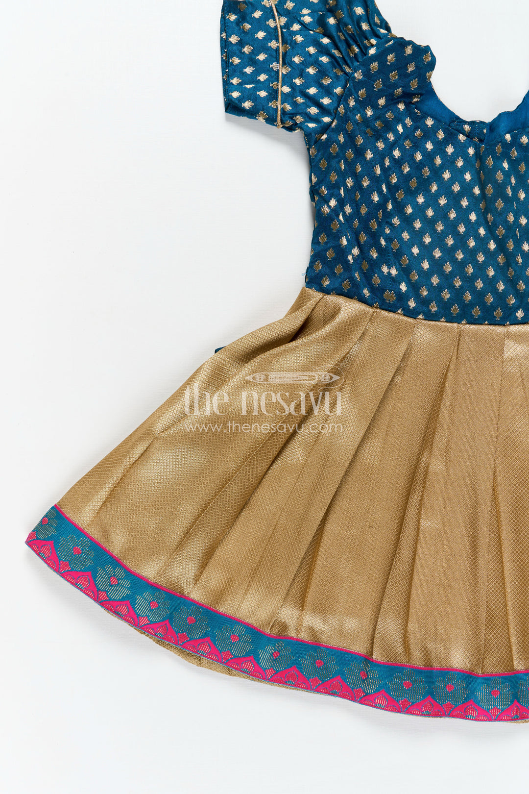 Silk Puff Dress for Girls with Navy Yoke and Gold Pleated Skirt Finished with Pink and Green Zari Border